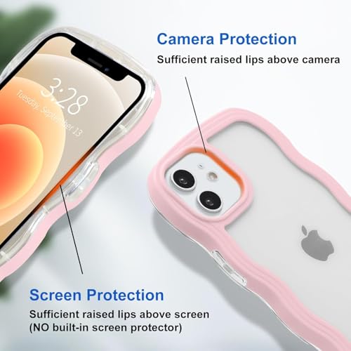 Image of GoldKart iPhone 12 /12 Pro Case Wavy Edge Clear Back Design, Anti-Slip Grip Cute Wave Curly Frame Shape Shockproof Soft TPU & Hard PC Bumper Protective Phone Case Cover for Women Girls - Pink