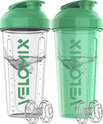 Image of VELOMIX -3 PACK- 28 oz Protein Shaker Bottle for Protein Mixes - 3x Wire Whisk | Leak Proof Shaker Cups for Protein Shakes | Stackable Protein Shaker Bottle Pack (C5) Turquoise /Clear