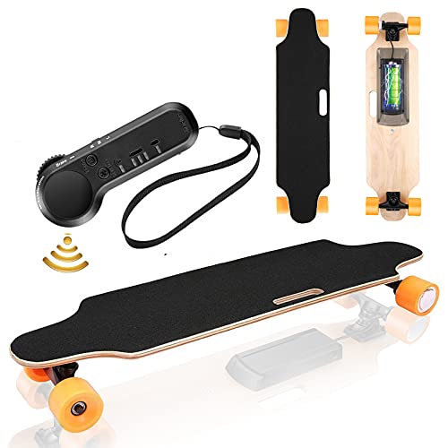 Electric Skateboard Youth Electric Longboard with Wireless Remote Control, 12 MPH Top Speed, 10 KM Range, 7 Layers Maple Longboard(US Stock) (Lightorange)