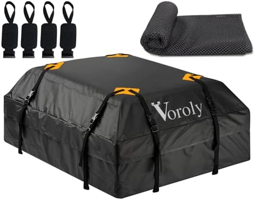 Voroly Rooftop top Cargo Carrier Bag with Anti-Skid Mat 15 Cubic feet Waterproof for All Cars with/Without Rack Includes 4 Door Hooks