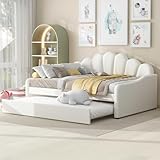 Full Size Bed Frame with Trundle, Velvet Upholstered Daybed with Shell Shaped Backrest and Pull Out Trundle, Modern Daybed Frame for Bedroom, Living Room, Guest Room, No Box-Spring Needed, White
