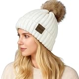 ZOORON Womens Winter Knitted Beanie Hat with Faux Fur Pom Beanie Warm Knit Skull Cap Beanie for Women White