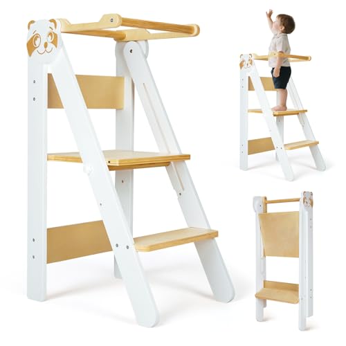 SOFTHOM Lernturm Klappbar, Lernhocker für Kinder ab 1 Jahr, Montessori Lernturm, Höhenverstellung, Kippschutz, geeignet für Küche, Esstisch, Badezimmer,Learning Tower aus Holz Weiß