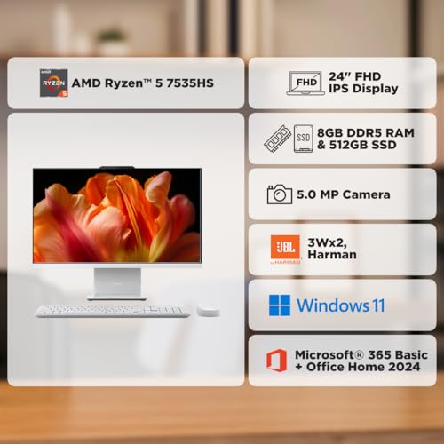Image of Lenovo Ideacentre AIO AMD Ryzen 5 7535HS 23.8 inch FHD IPS All-in-One Desktop(8GB RAM /512GB SSD /Win11 /Microsoft 365 Basic + Office 2024 /3Wx2 Speakers /5MP + IR Camera /Wireless Keyboard & Mouse), F0HR00BCIN