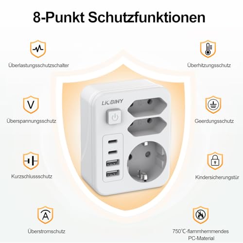 Doppelstecker für Steckdose mit 4 USB, 7 in 1 Steckdosenleiste 3 Fach Mehrfachsteckdose mit Schalter 3680W 16A Steckdosenadapter, Mehrfachstecker USB C Steckdosenverteiler für Büro Hause, Weiß 6