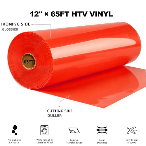 Image of FUNKAKA Heat Transfer Vinyl Rolls, 12 inch x 65ft Red Iron on Vinyl for Shirt | Glossy HTV Vinyl for All Cutter Machines - Easy to Cut & Weed for Heat Transfer Design