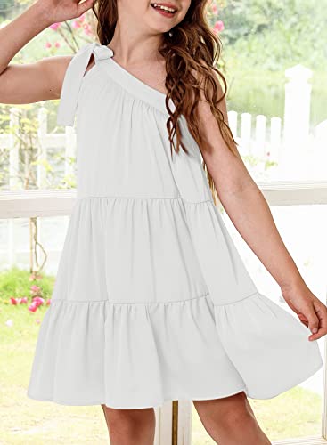 Blibean Girl Strap Dress Summer Cold One Shoulder Sun Dresses Boho Tween Kid Outfit Solid Clothes Swing Party Cocktail Sundress Size 10-11 Years Old White #TOP1