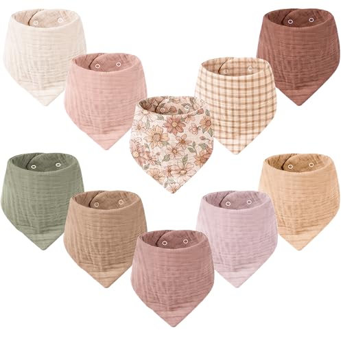 Image of Konssy 10 Pack Baby Muslin Bandana Bibs for Drooling and Teething | 100% Cotton Bibs for Boy Girl, Soft Absorbent 6-Layer Thick Cloth, Pre-Washed Less Shrinkage, Newborn Infant Toddler