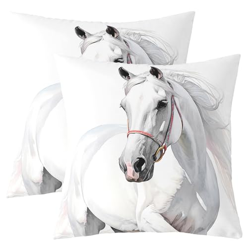 Lot de 2 housses de coussin cheval au galop 18"x18", blanc, décor kawaii
