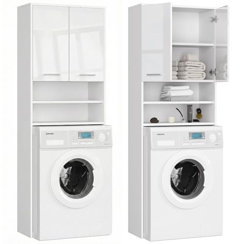 Home Collective Waschmaschinenschrank 64x30x180cm, Badezimmer Hochschrank, mit 2 Türen und 4 Regalen Badschrank Badregal Flur weiß Hochglanz