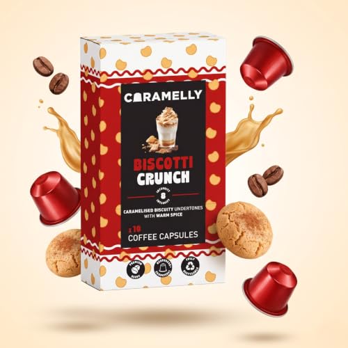 Image of Caramelly Biscotti Crunch Flavoured Nespresso Compatible Coffee Capsules, 10 Pods, Intensity - 8 | Medium Roast | Aluminium Coffee Pods
