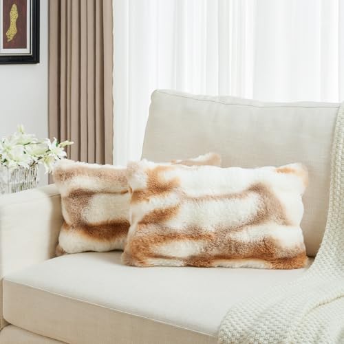FUTEI Brown White Decorative Throw Pillow Covers 12x20 Inch Set of 2,Soft Fuzzy Faux Rabbit Fur Pillow Case with Raised Texture,Neutral Boho Home Decor for Couch Bed Living Room