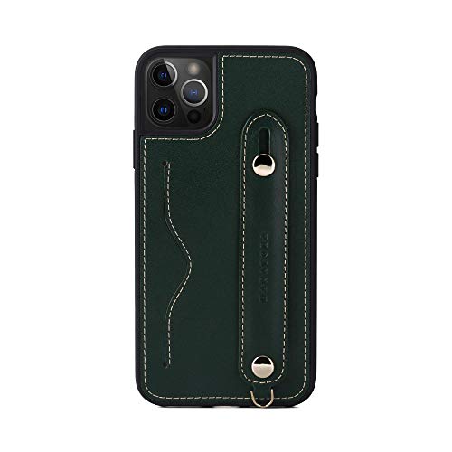 iPhone12 Pro Max ケース 本革 グリップケース レザー ストラップ付属 イタリア製牛革 ヌメ革 片手操作 カード収納 スタンド機能 メンズ レディース グリーン CGH-12ProMax-Green