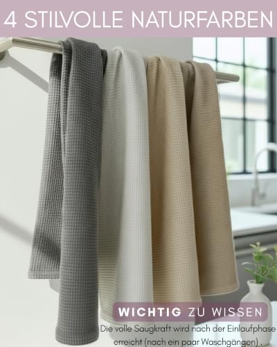 Gutherz® Geschirrtücher aus Baumwolle - Sanfte Naturtöne | 4er Set (45x65 cm) | Waffelstruktur Küchentücher | Saugstarke & stilvolle Trockentücher | Küchenhandtücher - Tea Towels