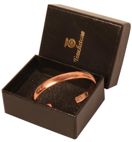 Image of Touchstone Indian Handcrafted Pretty Tapered Pattern Triple Magnet Hand Forged With Solid And High Gauge Minimalistic Elegance Pure Copper Bracelet In Natural Tone.
