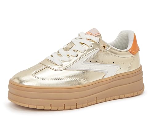 LUCKY STEP Chaussures Plateforme Femme - Semelle Gomme & Suédé, Style Rétro Casual pour Tennis/Marche (Or, 8.5US-38.5EU-5.5UK)