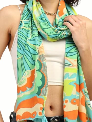 Image of KE KANHA EXPORTS Scarf for Women Boho | Border Print Stylish | Stole for Women Breathable Summer Beach Wrap with Tassels | Multicolour |180 x 50 cm FREE Scrunchie Included