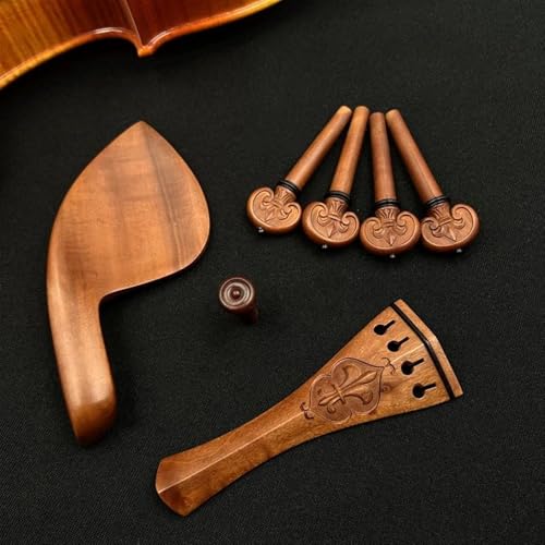 バイオリンパーツ バイオリン 4/4 彫刻模様 ナツメ材 黒檀 テールピース+チューニングペグ+エンドピン+あご当て/あごホルダー フィドラーアクセサリーパーツ(Jujube wood 1)