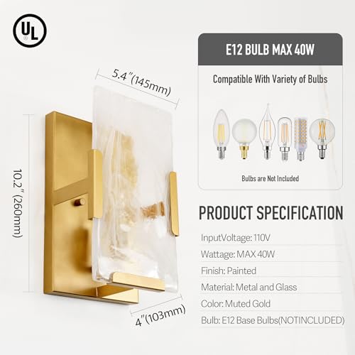Image of Gold Wall Sconce Set ot 2, 1-Light White Cloud Glass Wall Lamp, 6 inch W x 10 inch H Alabaster Vanity Light Fixture for Living Room, Hallway, Dining Room, Bedroom (No Plug in)