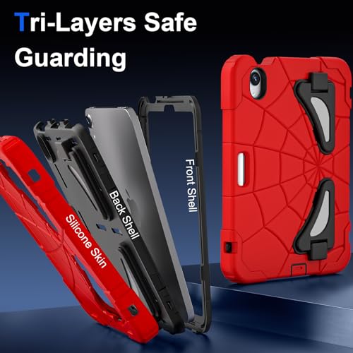 Image of Kids Case for iPad Mini 7 A17 Pro 2024 / Mini 6 8.3 inch, Spider Case for iPad Mini 7th 6th Generation, Shockproof Durable Full Protective Cover with Pencil Holder, Kickstand (Red+Black)