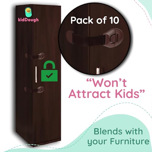 KidDough Furniture Safety Locks for Kids - Pack of 10, Strong Adhesive Child Safety for Drawers, Cabinets, Fridge, Cupboard - Baby Proofing Product (Brown)