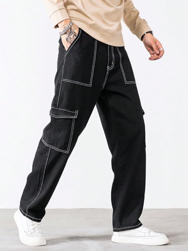 Image of AVANOVA Bell-Bottom Men Cargo Jeans II Men Cargo Pants II Denim Cargo for Men II Cotton Pant II Wide Legs II Flap Pockets II Cargo for Men (Jeans-119)