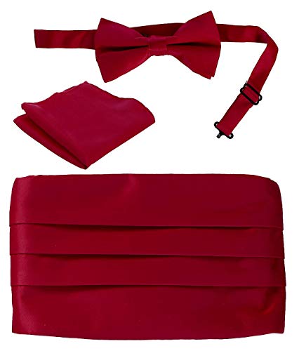 Gioberti Men's Adjustable Satin Cummerbund Set With Formal Bow Tie and Pocket Square, Burgundy