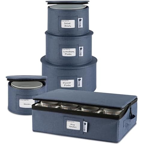 Hard Shell China Storage Containers 5-Piece Set Moving Boxes for Dinnerware, Glasses, Plates, Mugs and Saucers Sturdy Dish Organizer with Dividers for Seasonal Storage - Service for 12 - Denim Blue Cover