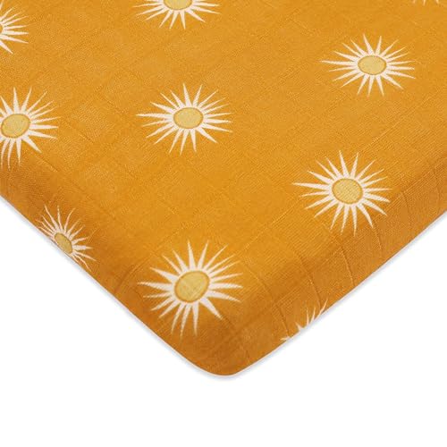Image of Babyletto 100% Organic Cotton All-Stages Midi Crib Sheet, GOTS-Certified, Fitted 360°, Ultra-Soft and Breathable Muslin - Golden Hour