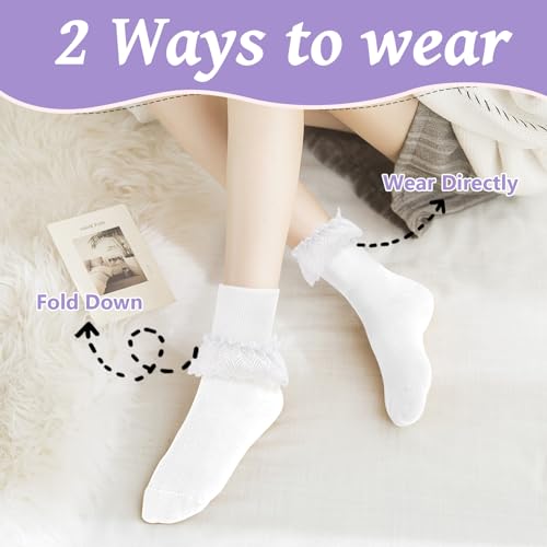 Image of 1 Pair White Ruffle Socks Woman Lace Frilly Ankle Socks Soft Cotton Socks Cute Princess Socks Fashion Dress Socks Lolita Socks for Women (White - 1 pair)
