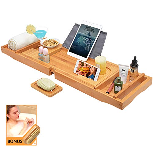 Preisvergleich Produktbild Badewannenbrett Badewannenablage Badewannentisch badewannenauflage ausziehbar - aus Bambus mit kostloser Nagelbürste