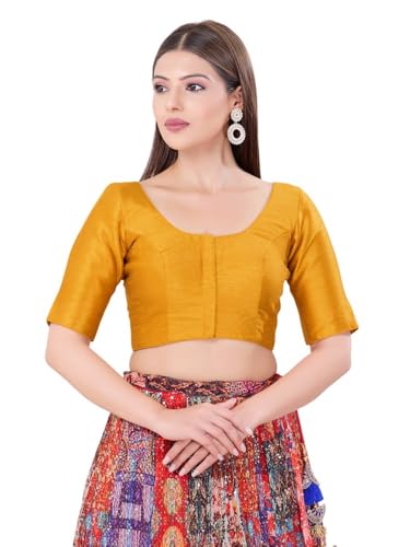 Vamas Women's Silk Padded Self Design Half Sleeve Readymade Saree Blouse (CO-193.ELB_Mustard_42)