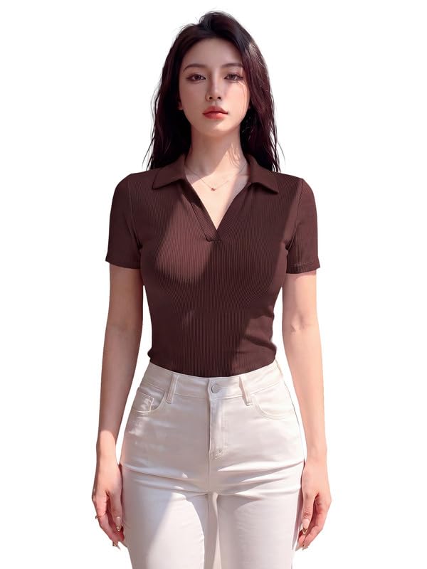 Women's Ribbed Polo T-Shirt Stretch Polyester Casual Solid Collared V Neck Short Sleeve Slim Fit Top-picture-28