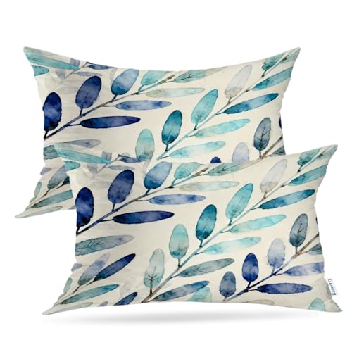 Housse de coussin feuilles bleues avec fermeture éclair invisible - 2