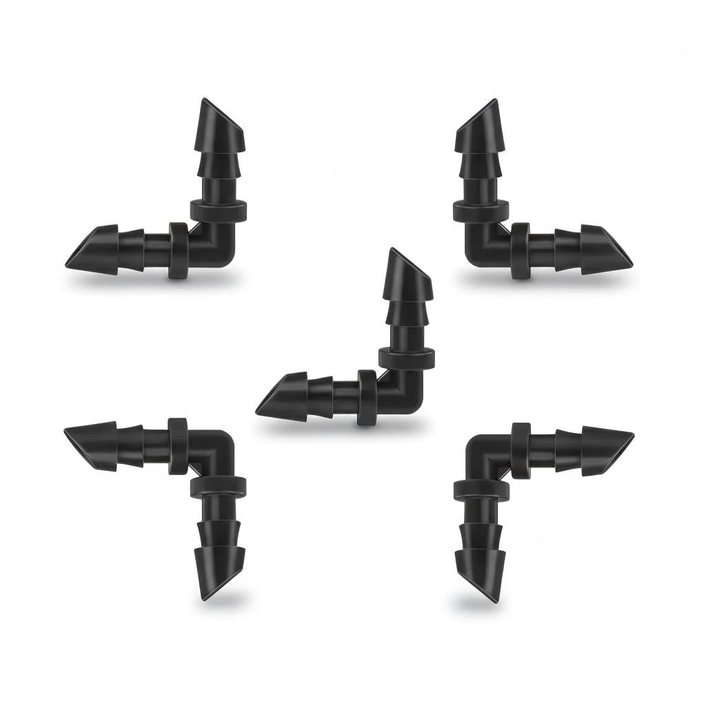 100Pack 90 Degree Irrigation Barbed Elbow Drip Irrigation Fittings, Barbed Drip Irrigation Connectors Fits Universal 1/4 Inch Drip Tubing, Irrigation Elbow for Drip or Sprinkler System (BLACK)
