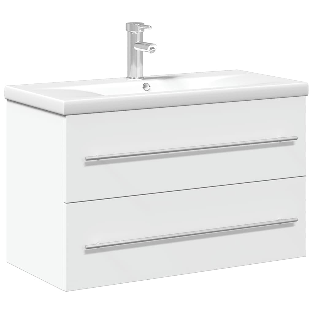 Mueble bajo lavabo empotrado blanco de 80 cm, juego de muebles de baño de pared, lavabo moderno de madera con lavabo de cerámica, grifo y desagüe incluidos