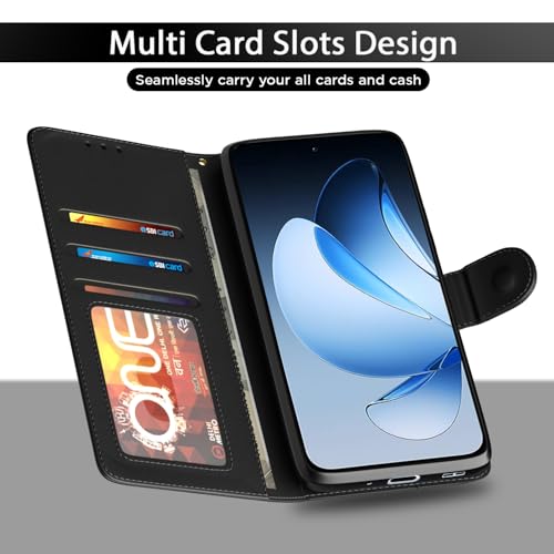 Image of Pikkme Flip Cover Leather Finish | Inside TPU with Card Pockets | Wallet Stand and Shock Proof | Complete Protection Button Flip Case for Oppo Reno 13 5G(Black)