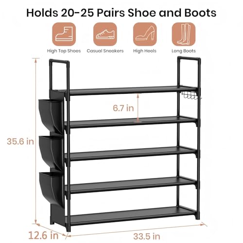 Image of VILICK 5 Tier Shoe Rack with Hook and Side Pocket,Shoe Organizer Space Saver Storage for 20-25 Pair Shoe Storage Shelf Sturdy Free Standing Long Shoe Rack Organizer for Closet,Entryway,Small Spaces
