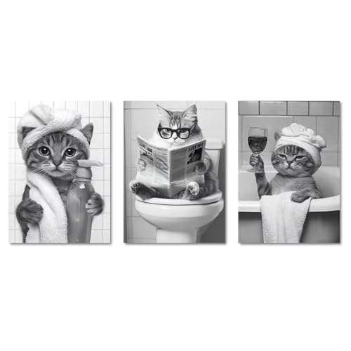 Toile chat en noir et blanc triptyque rigolo animaux mignons format 40x50