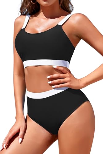 Womens High Waisted Bikini Sets Sporty Crop Top Color Block Swimwear Bandeau Scoop Neck Vintage Two Piece Bathing Suits3