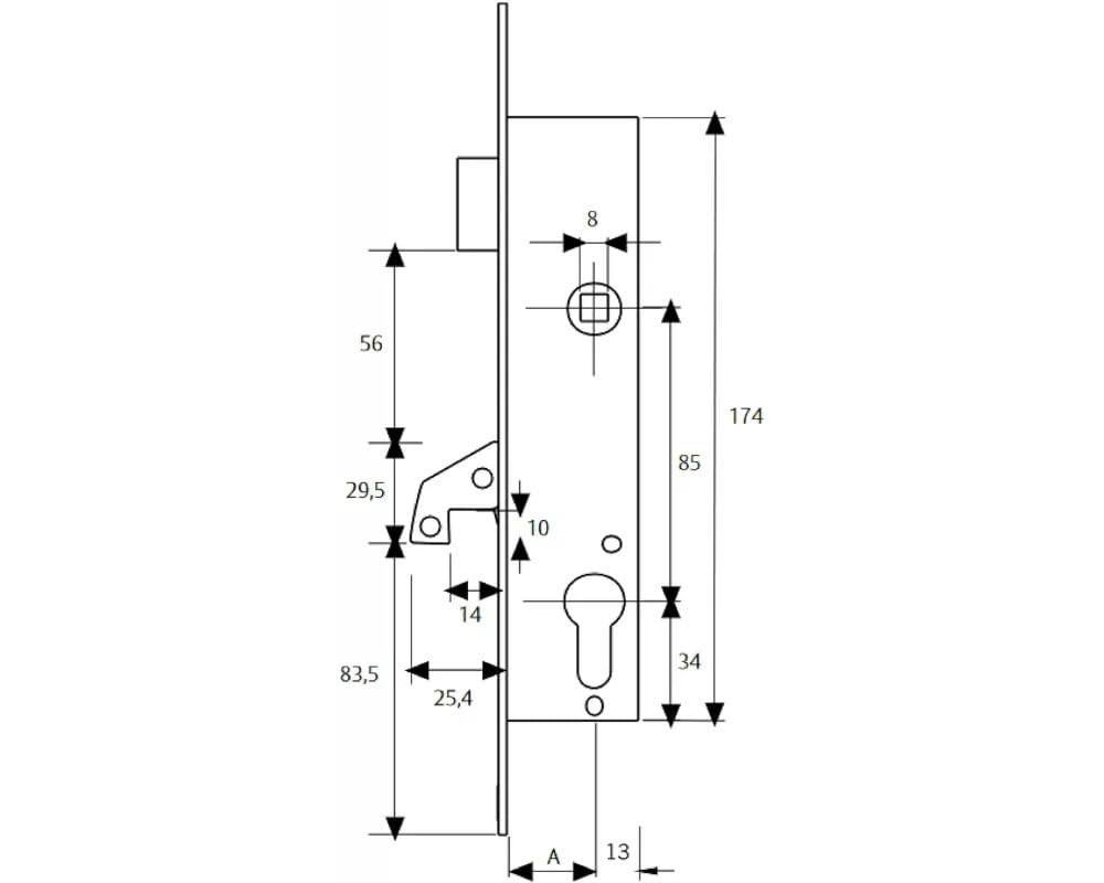 TESA 4241203AI cerradura monopunto de palanca basculante 2241, entrada 20 mm, acero inoxidable, sin cilindro, compatible con cilindro de leva corta, incluye cerradero y escudo E210