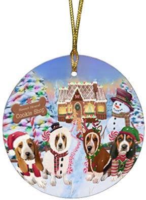 Santa Sled Dogs Basset Hound Christmas Round Flat Ornament - Pet Decorative Hanging Ornaments for Christmas X-mas Tree Decorations - 2.75" Round Flat Ceramic Christmas Ornament POR1570