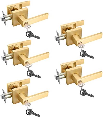 EHOMEWARE 5 Pack Entry Door Levers with Keys for Exterior Front Doors All Keyed Same, Satin Brass Finish, Keyed Alike for Bedroom Bathroom Interior Doors, Modern Gold Door Handles