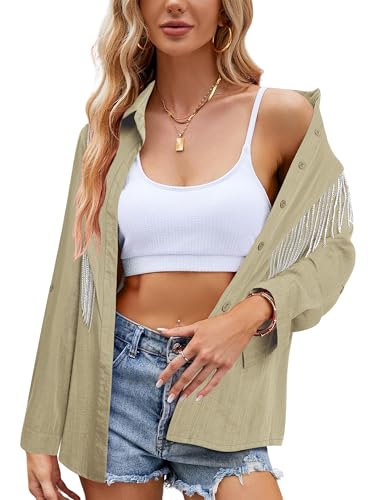 Image of MYMORE Womens Sparkly Fringe Shirt Western Cowgirl Country Concert Outfit