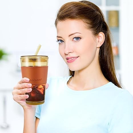 Image of Coffee Glass Sipper Mug with Straw & Lid | Brown Iced Tea Tumbler with Leather Sleeve | Reusable Hot & Cold Beverage Cup | Stylish Drinkware for Home, Travel - Pack of 2(Brown Leather)