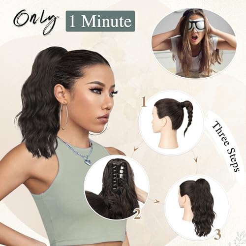 Sofeiyan 14" Ponytail Extension, Short Wavy Claw Clip in Ponytail Hair Extension Synthetic Hairpieces Black Layered Natural Fluffy Curly Drawstring Ponytail Hair Piece for Women - Image 4