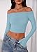 PRETTYGARDEN Fall Tops for Women 2025 Trendy Long Sleeve Crop Mesh Slim Fit Y2K Cute Shirts Going Out Off The Shoulder Top (Light Blue,Large)
