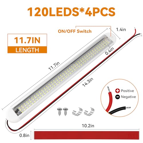 Image of RVZONE 12V LED Interior Light Bar | 120LEDs 1800LM 8W DC 12 Volt led Strip Lights with ON /Off Switch RV Led Lights Interior for Camper Truck Van Boat Trailer Cargo Lights Fixture Motorhome (4Pack)