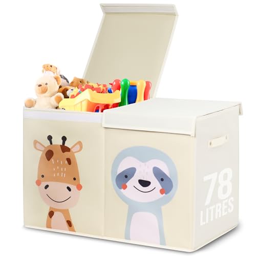 Tutifu® Boîte de Rangement pour Jouets pour Enfant Pliable Beige, 78 Litres et Double Couvercle. Coffre de Rangement Enfant en Tissu Oxford. Grand Coffre, Bac ou Caisse. Ne Convient pas pour S’asseoir
