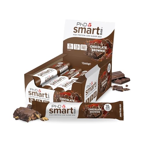 PhD Nutrition Smart Bar barritas de proteína 12x64g Brownie de chocolate - Snack proteico con 20g de proteína y bajo en azúcar para una buena macronutrición